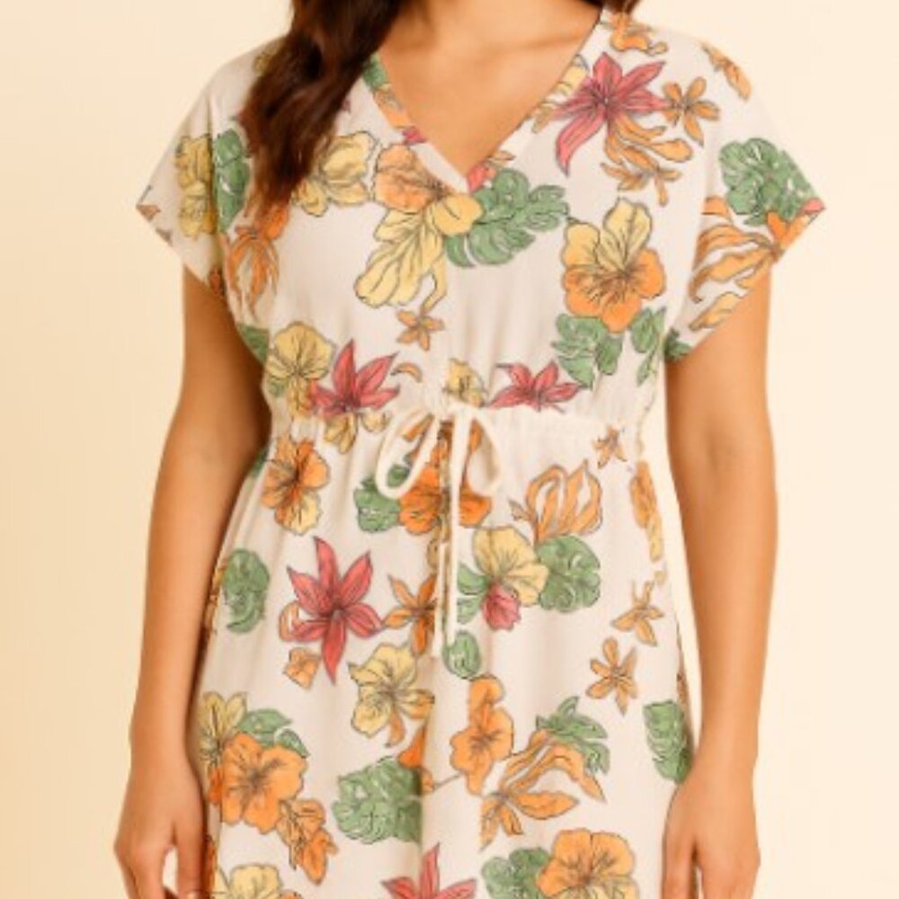 Floral Drawstring Waist V-Neck Women’s Dress - Lightweight Size Small